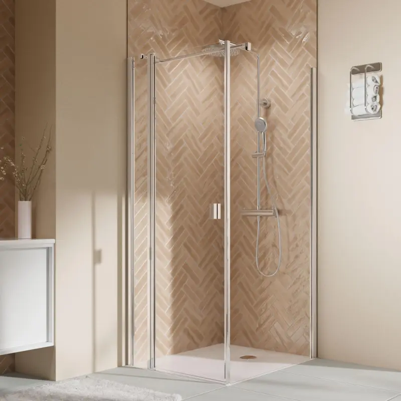 Sonderaktion Breuer Elana 2.0 eckig Drehtür mit Festteil für Seitenwand oder Badewannen-SW (neben Wanne) Türanschlag links Klarglas hell 90 cm - Alu Chromeffekt