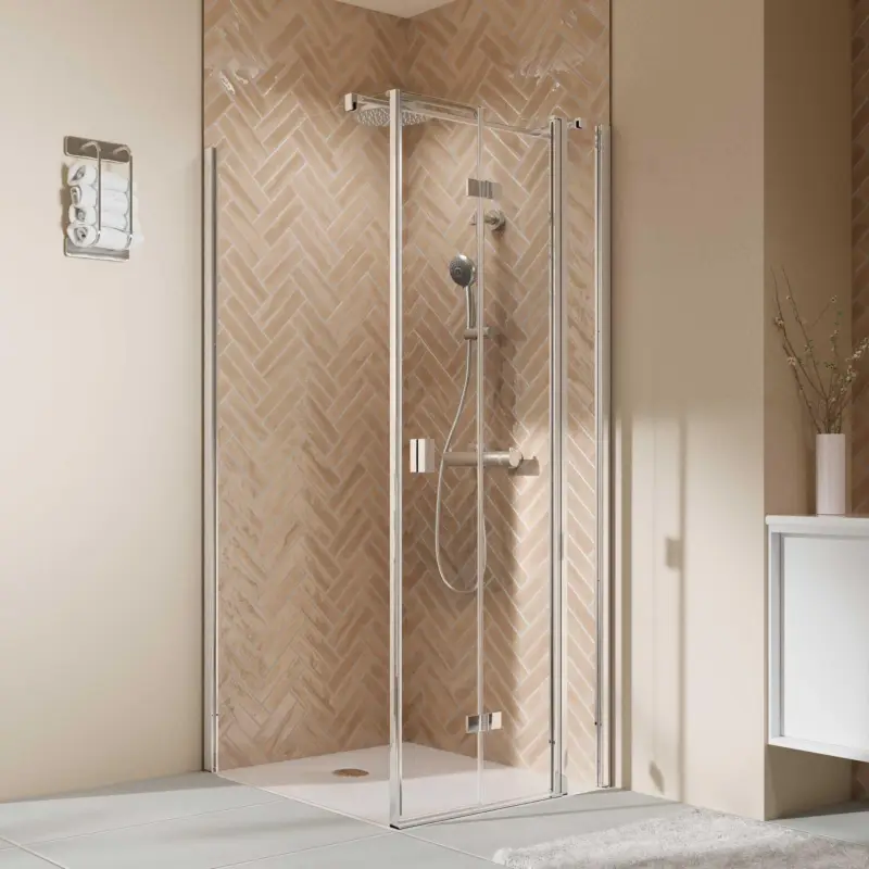Breuer Elana 2.0 eckig Drehfalttür mit Festteil für Seitenwand oder Badewannen-SW (neben Wanne) Türanschlag rechts Klarglas hell 140 cm - Alu Chromeffekt Begrenztes Angebot