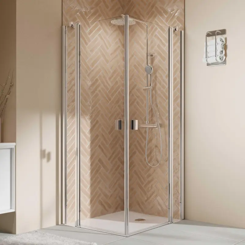 Preisknaller Breuer Elana 2.0 eckig Eckeinstieg Drehtür mit Festteil 4-teilig Klarglas hell 80 x 80 cm - Alu Chromeffekt