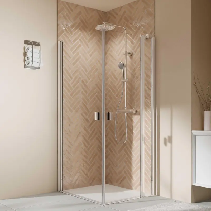 Breuer Elana 2.0 eckig Eckeinstieg Kombination Drehtür rechts / Drehtür mit Festteil links Klarglas hell 120 x 90 cm - Alu Chromeffekt Begrenztes Angebot