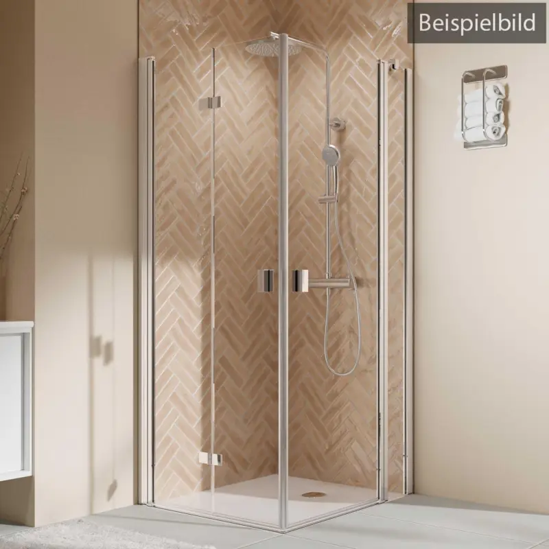 Breuer Elana 2.0 eckig Eckeinstieg Kombination Drehfalttür links / Drehtür mit Festteil rechts Bella C 80 x 90 cm - Alu Silber matt Finale Aktion