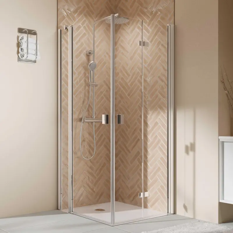 Breuer Elana 2.0 eckig Eckeinstieg Kombination Drehfalttür rechts / Drehtür mit Festteil links Klarglas hell 80 x 90 cm - Alu Chromeffekt Preis Gesenkt