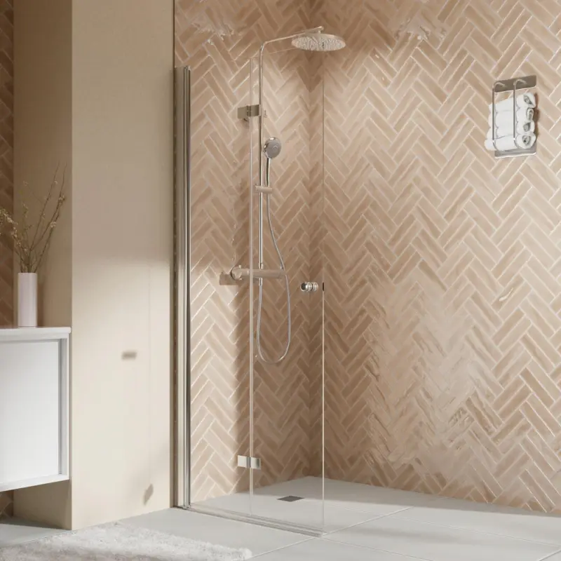 Must-Have Breuer Elana 2.0 rund Walk-In Drehfalttür alleinstehend Türanschlag links Klarglas hell 90 cm - Alu Chromeffekt