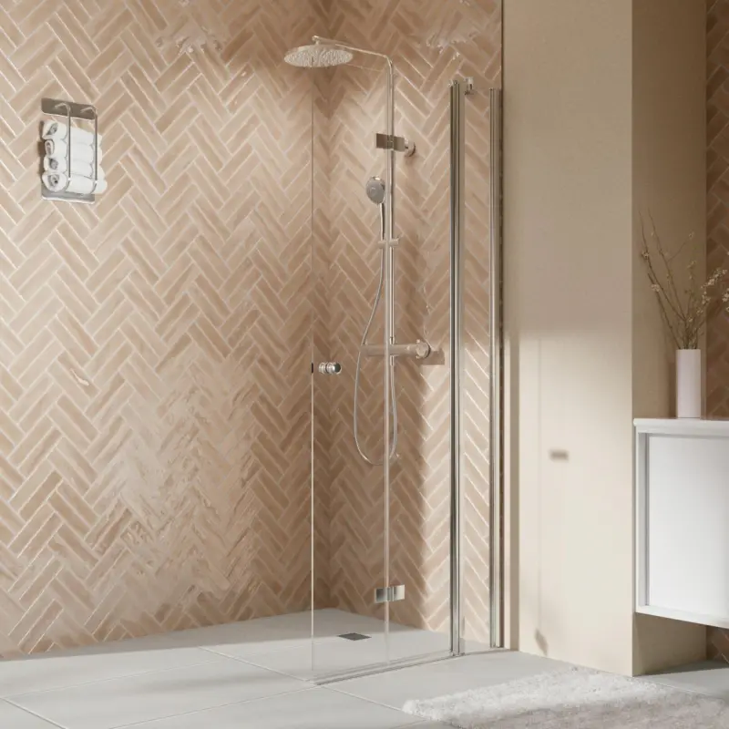 Breuer Elana 2.0 rund Walk-In Drehfalttür mit Festteil alleinstehend Türanschlag rechts Klarglas hell 140 cm - Alu Chromeffekt Abverkauf