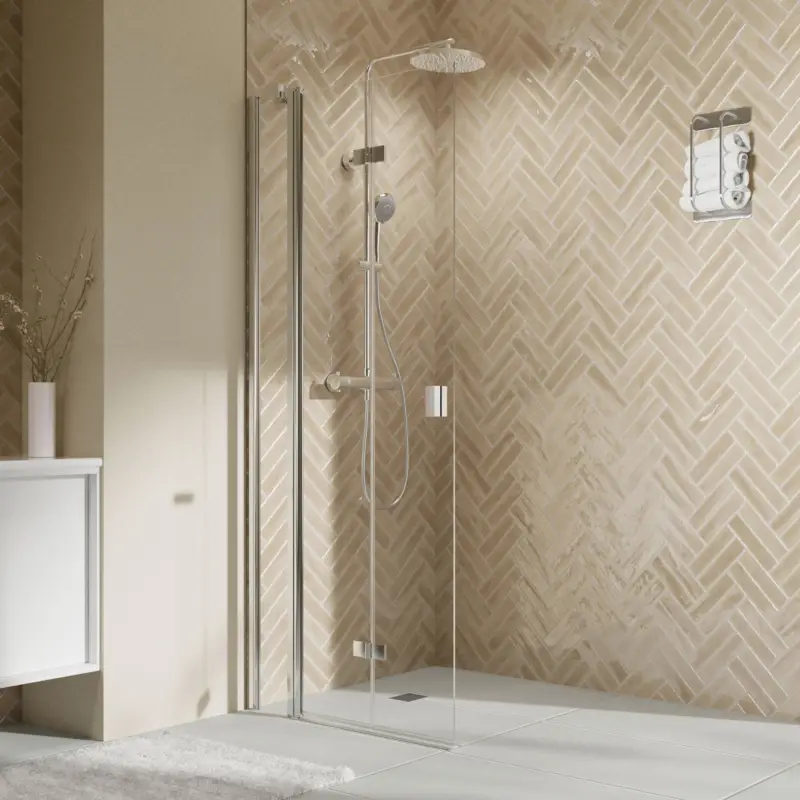 Breuer Elana 2.0 eckig Walk-In Drehfalttür mit Festteil alleinstehend Türanschlag links Klarglas hell 90 cm - Alu Chromeffekt Top-Angebot