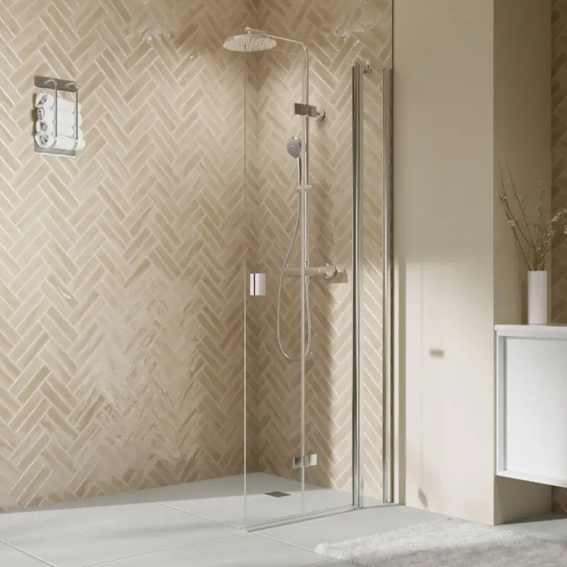 Breuer Elana 2.0 eckig Walk-In Drehfalttür mit Festteil alleinstehend Türanschlag rechts Klarglas hell 140 cm - Alu Chromeffekt Sofort Bestellen