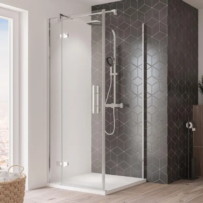 Breuer Avanta Drehtür mit Festteil für Seitenwand oder Badewannenseitenwand (neben Wanne) Türanschlag links Klarglas hell 90 cm - Alu Chromeffekt Mega-Angebot
