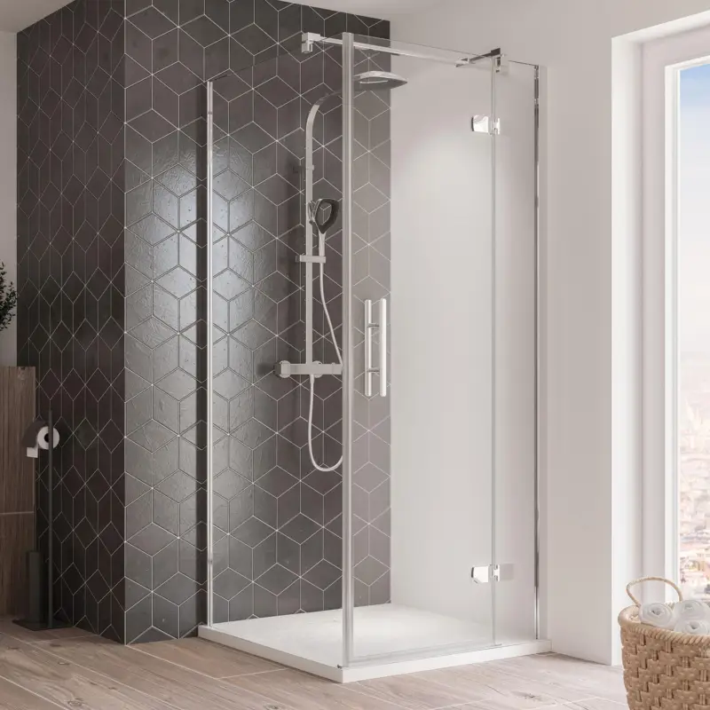Echt Breuer Avanta Drehtür mit Festteil für Seitenwand oder Badewannenseitenwand (neben Wanne) Türanschlag rechts Klarglas hell 90 cm - Alu Chromeffekt