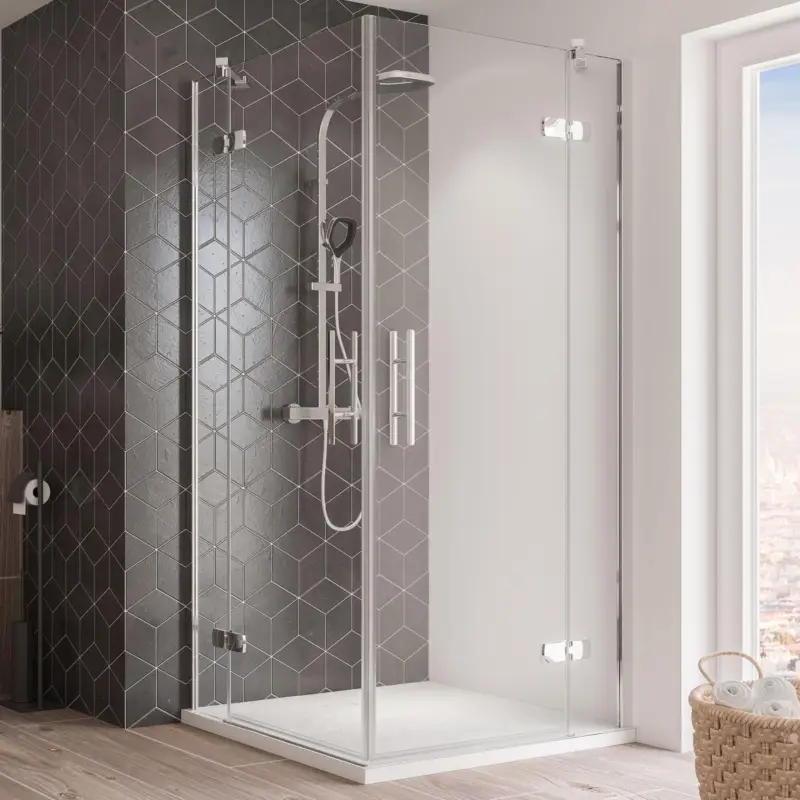 Expressversand Breuer Avanta Eckeinstieg Drehtür mit Festteil 4-teilig Klarglas hell mit DualPlus 75 x 90 cm - Alu Chromeffekt
