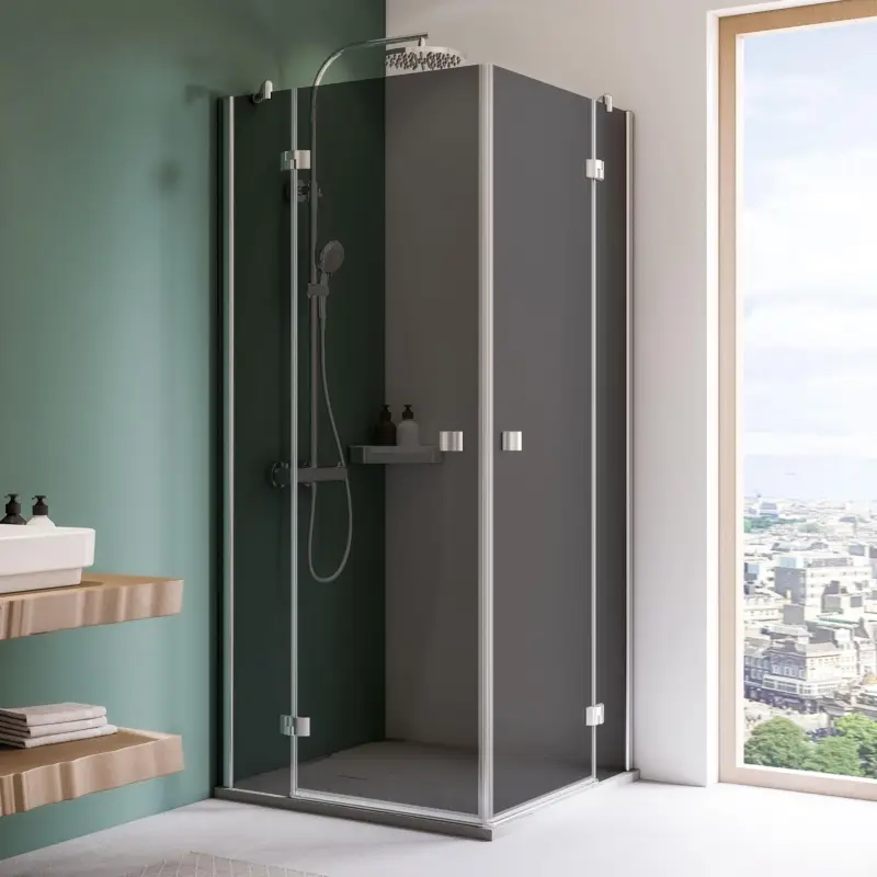 Beliebt Breuer Espira Eckeinstieg Drehtür mit Festteil 4-teilig Grau getönt 100 x 80 cm - Alu Chromeffekt