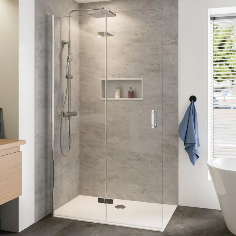Schnäppchen Breuer Panorama Walk-In Drehfalttür alleinstehend Türanschlag links Klarglas hell 100 cm - Alu Chromeffekt