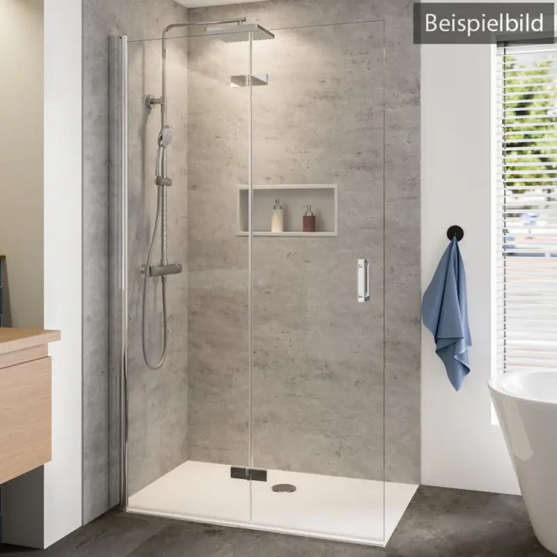 Neu Breuer Panorama Walk-In Drehfalttür alleinstehend Türanschlag links Klarglas hell mit DualPlus 120 cm - Alu Chromeffekt