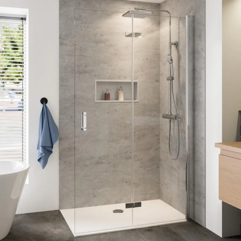 Breuer Panorama Walk-In Drehfalttür alleinstehend Türanschlag rechts Klarglas hell 100 cm - Alu Chromeffekt Knallerangebot