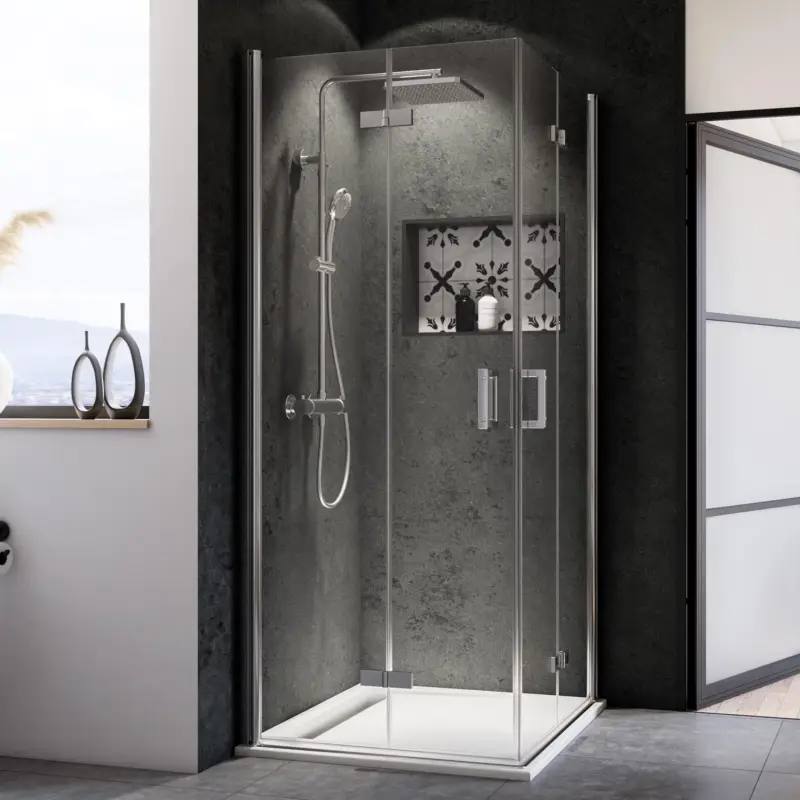 Breuer Panorama Eckeinstieg Drehfalttür 4-teilig Klarglas hell mit DualPlus 75 x 80 cm - Alu Chromeffekt Abverkauf