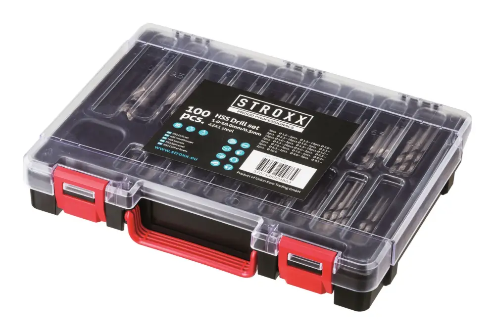 Stroxx HSS-Bohrer-Set, DIN 338, 1-10 mm, aus 4241 Stahl, im Kunststoffkoffer, 100-teilig Markenprodukt