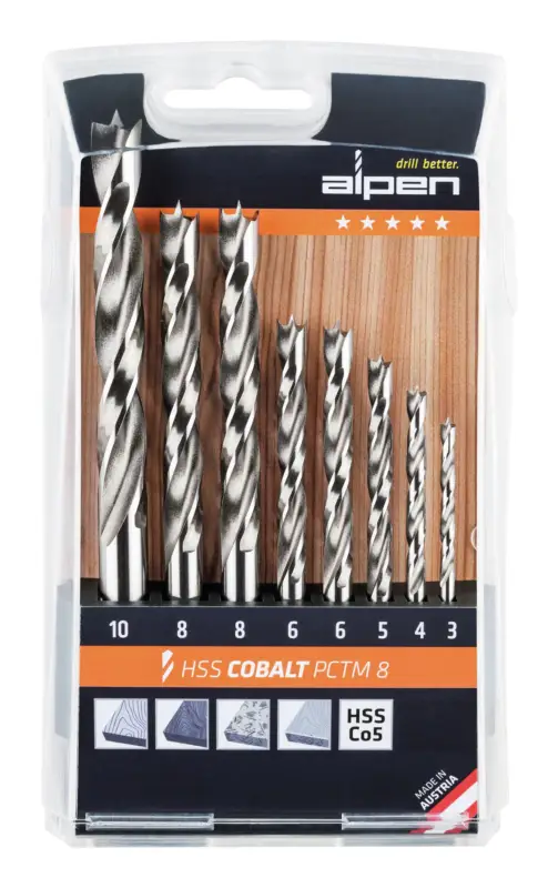 Begrenztes Angebot Alpen Holzspiralbohrer-Satz PCTM 8-teilig HSS-Co5 D.3/4/5/2 x 6/2 x 8/10 mm