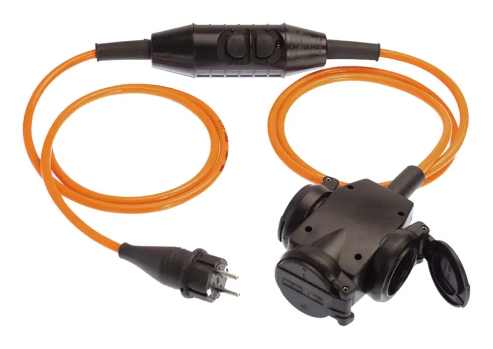 AS Schwabe Verlängerung, PRCD-S, 3m Kabel H07BQ-F3G2,5 orange IP 44, 3-Wege-Kupplung mit Schutzkappen Zertifiziert