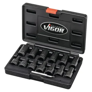 Vigor Schraubenausdreher-Satz spiralgenutet 1/2" 34 mm mit Austreiber 14-teilig 6-19 mm im Koffer Top-Preis