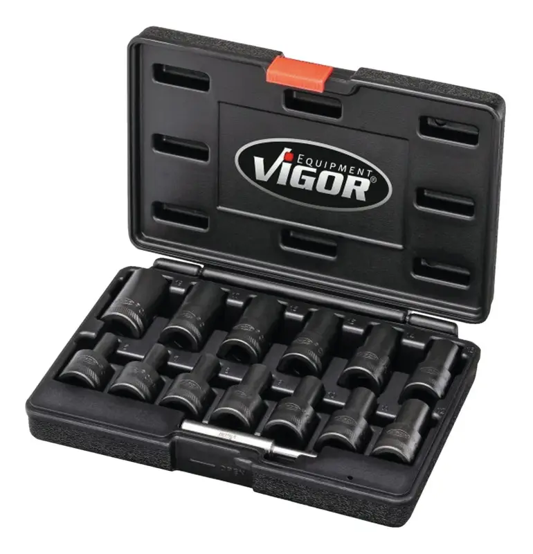 Vigor Schraubenausdreher-Satz spiralgenutet 1/2" 34 mm mit Austreiber 14-teilig 6-19 mm im Koffer Top-Preis