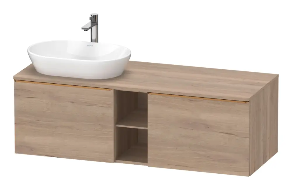 Neuheit Duravit D-Neo Konsolenwaschtischunterschrank für Becken links mit 2 Auszügen und 2 Fächern Griff Bronze Gebürstet 1400 x 459 x 550 mm - Eiche Marmoriert Matt