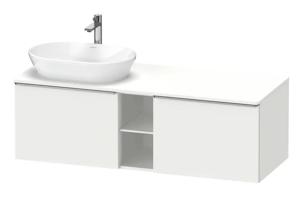 Neue Ware Duravit D-Neo Konsolenwaschtischunterschrank für Becken links mit 2 Auszügen und 2 Fächern Griff Edelstahl Gebürstet 1400 x 459 x 550 mm - Weiß Matt