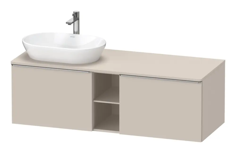 Markenprodukt Duravit D-Neo Konsolenwaschtischunterschrank für Becken links mit 2 Auszügen und 2 Fächern Griff Edelstahl Gebürstet 1400 x 459 x 550 mm - Taupe Matt