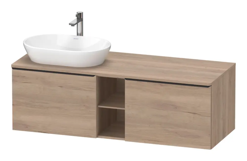 Duravit D-Neo Konsolenwaschtischunterschrank für Becken links mit 2 Auszügen und 2 Fächern Griff Diamantschwarz Matt 1400 x 459 x 550 mm - Eiche Marmoriert Matt Direktkauf