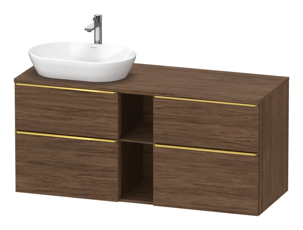 Sale Duravit D-Neo Konsolenwaschtischunterschrank für Becken links mit 4 Auszügen und 2 Fächern Griff Gold Poliert 1400 x 644 x 550 mm - Nussbaum dunkel Matt