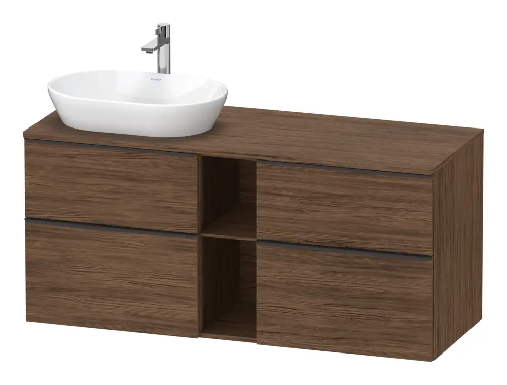 Expressversand Duravit D-Neo Konsolenwaschtischunterschrank für Becken links mit 4 Auszügen und 2 Fächern Griff Diamantschwarz Matt 1400 x 644 x 550 mm - Nussbaum dunkel Matt