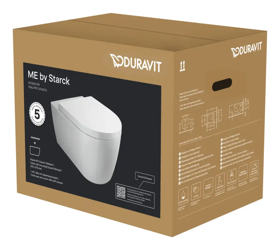Kracherpreis Duravit ME by Starck Tiefspül-WC mit WC-Sitz mit Absenkautomatik mit Durafix 373,5 x 570 mm - Hochglanz mit DuraShield