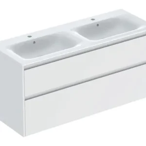 Garantierte Lieferung Geberit Renova Plan Komplett-Set mit Doppelwaschtisch mit 2 Schubladen 1300 x 621 x 480 mm - Weiß lackiert seidenmatt mit KeraTect