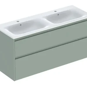 Geberit Renova Plan Komplett-Set mit Doppelwaschtisch mit 2 Schubladen 1300 x 621 x 480 mm - Salbeigrün lackiert seidenmatt mit KeraTect Geprüft