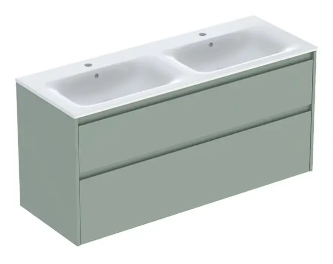 Geberit Renova Plan Komplett-Set mit Doppelwaschtisch mit 2 Schubladen 1300 x 621 x 480 mm - Salbeigrün lackiert seidenmatt mit KeraTect Geprüft