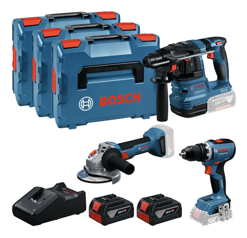 Bosch Professional Combo Kit 18V-Set Akku-Bohrschrauber GSR 18V-65, Akku-Bohrhammer GBH 18V-22 & Akku-Winkelschleifer GWS 18V-7 mit 2x Akku 5 Ah - in L-BOXX-Volleinlage Sonderaktion