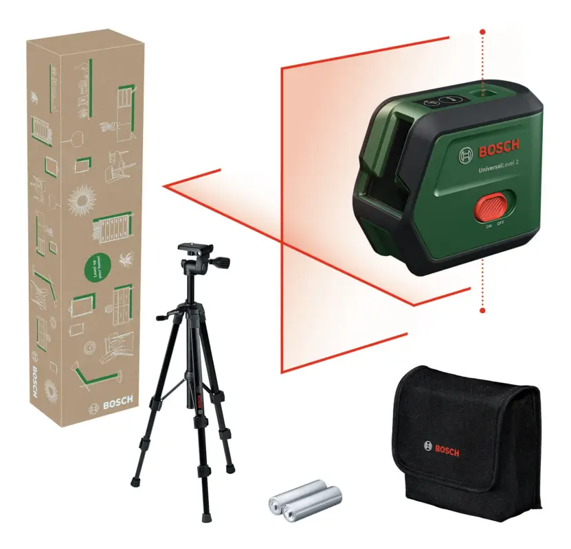 Top-Seller Bosch Kreuzlinien-Laser mit Lotfunktion UniversalLevel 2 Set mit 2 x 1,5 V Batterie LR6 (AA) & Stativ TT 120 - in Tasche