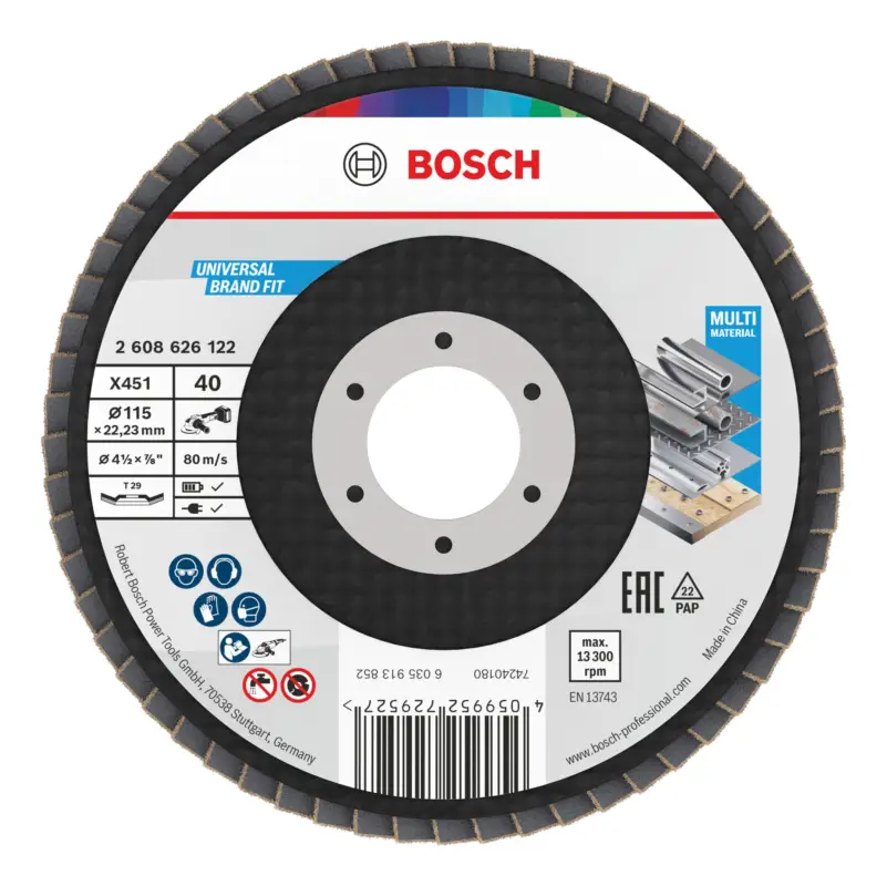 Bosch Line X451 Fächerschleifscheibe, 115 x 22,23 mm, K40, Z29 - 15er Pack (Verpackungseinheit 15 Stück) Preiswert