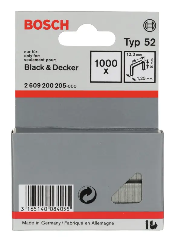 Bosch Zubehör Line Typ 52 Flachdrahtklammer - 1,25 x 8 x 12,3 mm - 1000er-Pack Kracherpreis