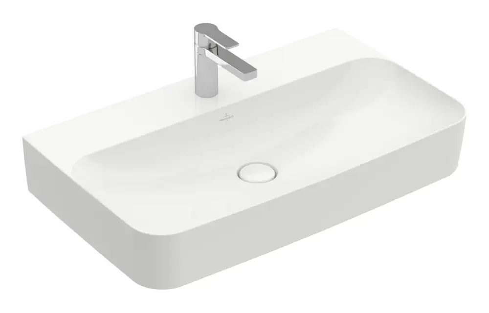 Villeroy & Boch Finion Waschbecken mit 1 Hahnloch mit Überlauf Unterseite ungeschliffen 800 x 470 x 165 mm - Weiß Alpin mit CeramicPlus Echt