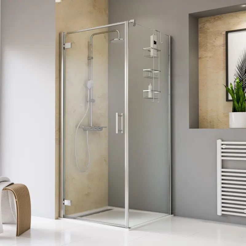 Markenprodukt Schulte ExpressPlus 7T Toura Drehtür pendelbar mit Seitenwand Klarglas hell Chromoptik 100 x 100 cm / 200 cm inkl. fixil-Glassiegel SW rechts