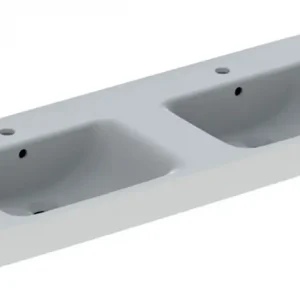 Zertifiziert Geberit Renova Plan Doppelwaschtisch mit Hahnloch mit Überlauf 1300 x 480 mm - Weiß mit KeraTect