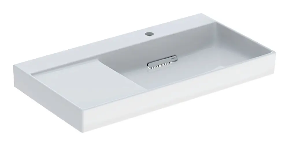 Geberit ONE Waschtisch mit Ablage links mit Hahnloch ohne Überlauf 900 x 484 mm - Weiß / Weiß glänzend mit KeraTect Knallerangebot