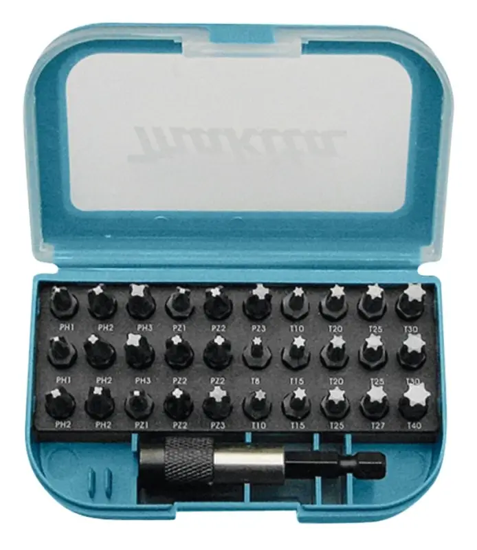 Echt Makita Accessoires P-73374 31-delige bitset in plastic box met riemclip.