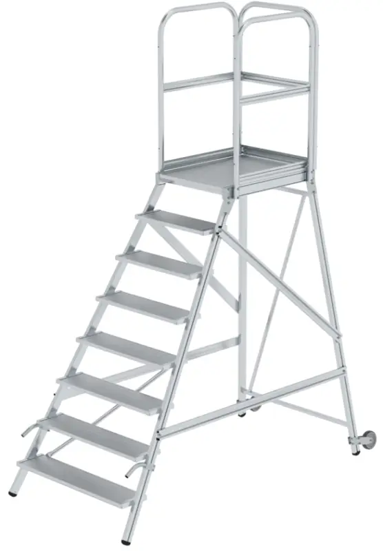 Markenprodukt Günzburger Alu-Podestleiter mit Rollen und Griff 8 Stufen