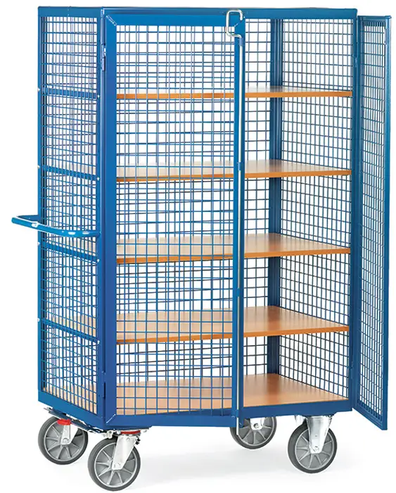 Fetra Drahtkastenwagen mit fünf Holzböden und Stangenverschluss 1200 x 780 mm Begrenztes Angebot