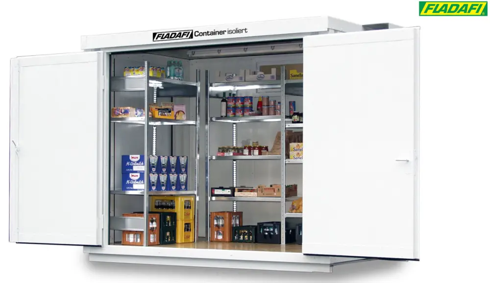 Kracherpreis FLADAFI Thermocontainer 3050 x 2170 x 2465 mm mit isoliertem Boden - 2-flügelige Tür breit auf 3 m S