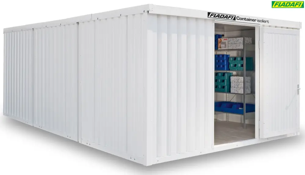 Saisonangebot FLADAFI Thermocontainer Kombination 4050 x 6520 x 2405 mm mit Holzboden - 2-flügelige Tür auf 6 m Se