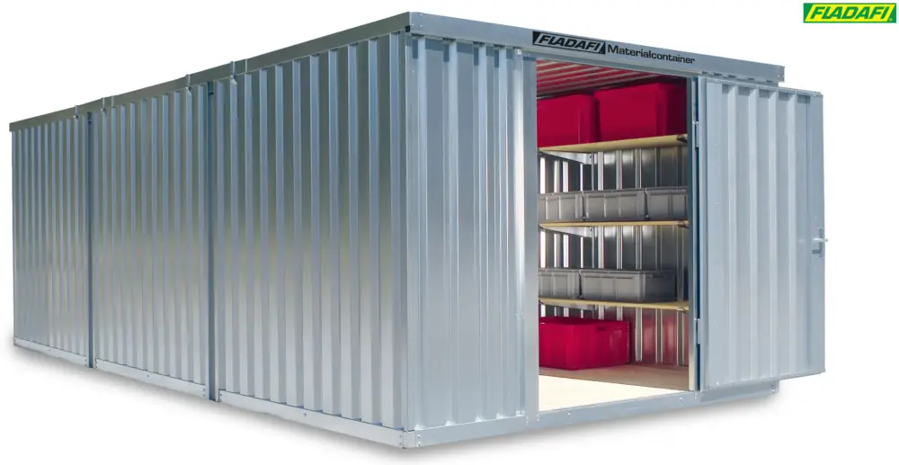 Letzte Chance FLADAFI Materialcontainer Kombination 3050 x 6520 x 2150 mm mit Holzboden - 2-flügelige Tür auf 6 m