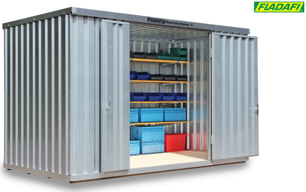 Geprüft FLADAFI Materialcontainer 4050 x 2170 x 2532 mm mit Holzboden - 2-flügelige Tür auf 4 m Seite