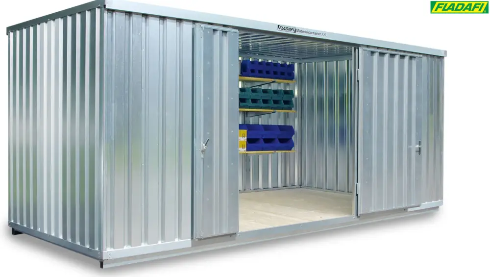 FLADAFI Materialcontainer 6020 x 2540 x 2595 mm mit Holzboden - 2-flügelige Tür auf 6 m Seite Beliebt
