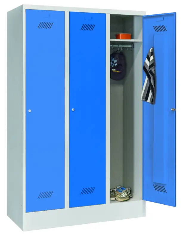 Pavoy Spind mit Sockel 1850 x 1200 x 500 mm - 3 Abteile mit Zylinderschloss - RAL 7035 5012 Jetzt Kaufen